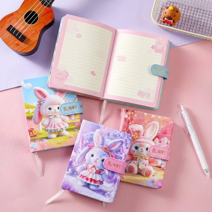 Bunny Theme Diary with Magnetic ClosureDiaryCrafty CuddleNotebooks with bunny design on a pink surface with a ukulele and small figurine.CuteDiary KawaiiStationery BunnyNotebook AestheticStationery CuteNotebook JournalLovers StationeryAddict KawaiiDiary SchoolSupplies PastelStationeryStationeryAddict