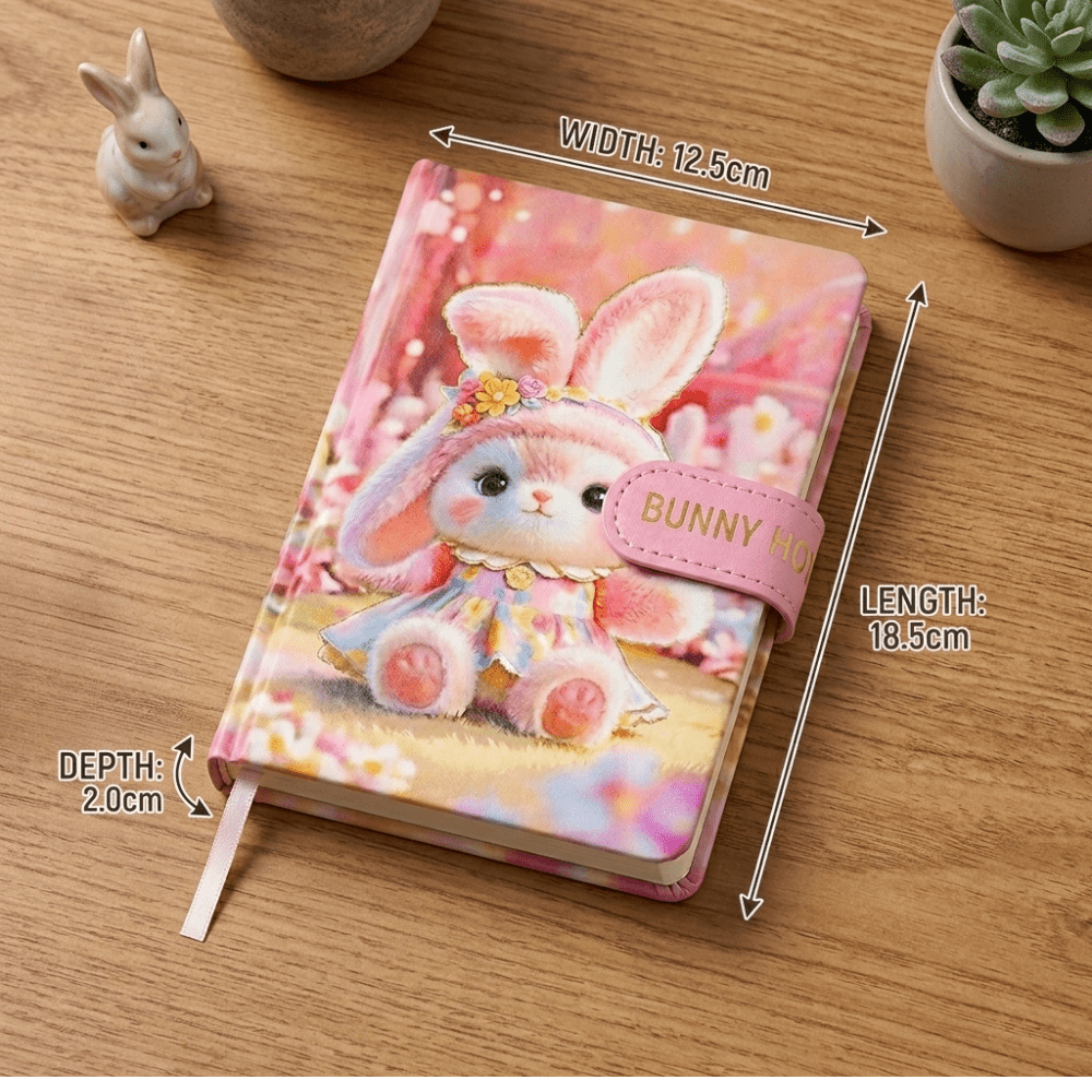 Bunny Theme Diary with Magnetic ClosureDiaryCrafty CuddleNotebook with bunny design and measurements on a wooden surfaceCuteDiary KawaiiStationery BunnyNotebook AestheticStationery CuteNotebook JournalLovers StationeryAddict KawaiiDiary SchoolSupplies PastelStationeryStationeryAddict