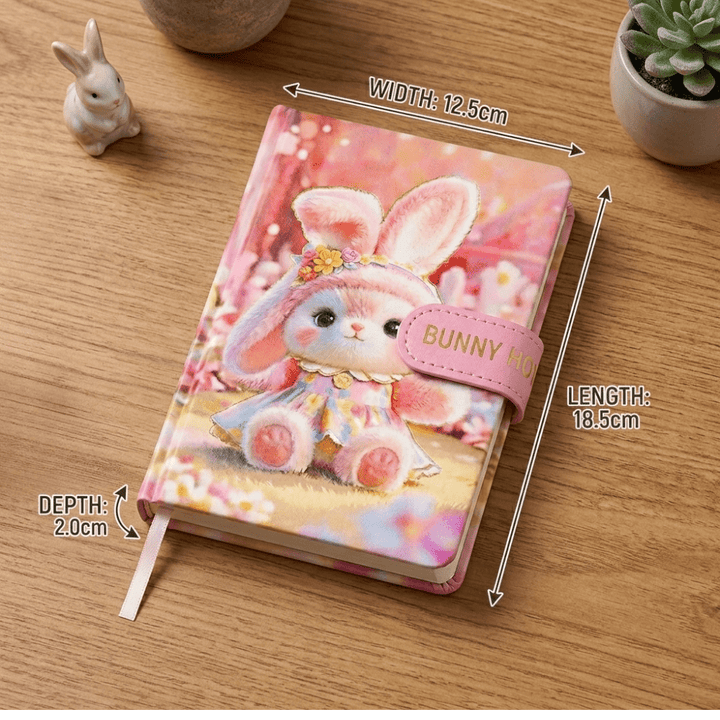 Bunny Theme Diary with Magnetic ClosureDiaryCrafty CuddleNotebook with bunny design and measurements on a wooden surfaceCuteDiary KawaiiStationery BunnyNotebook AestheticStationery CuteNotebook JournalLovers StationeryAddict KawaiiDiary SchoolSupplies PastelStationeryStationeryAddict