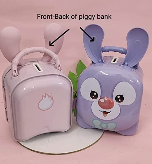 Two piggy banks, one pink and one purple with a face design, on a pink background.