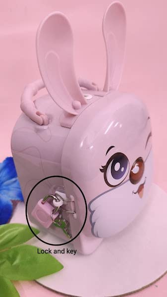 Cartoon rabbit-shaped coin bank with a lock and key on a pink background