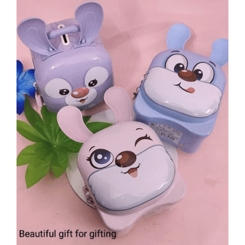 Three cartoon-style animal face coin banks on a pink background with text &