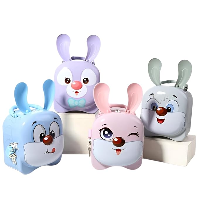 Four colorful rabbit-shaped Coin Banks with cartoon faces on a white background