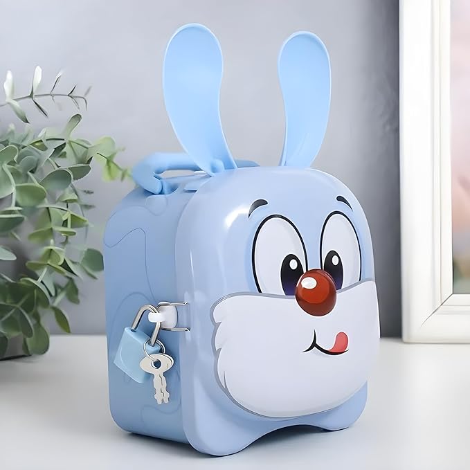 Blue rabbit-shaped coin bank with a face on a light surface.