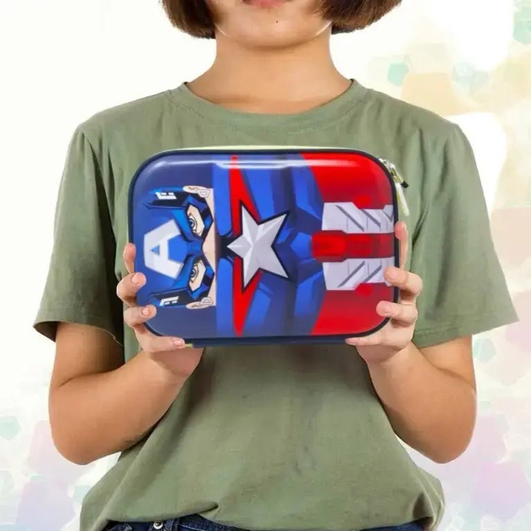 Person holding a rectangular pouch with superhero design