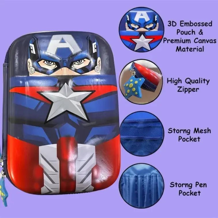 Captain Power EVA Pencil Pouch for kids showing front view and showing feature 3d embossed Pouch and premium Canvas Material , High quality zipper, Strong Mesh pocket , strong Pen Pocket 