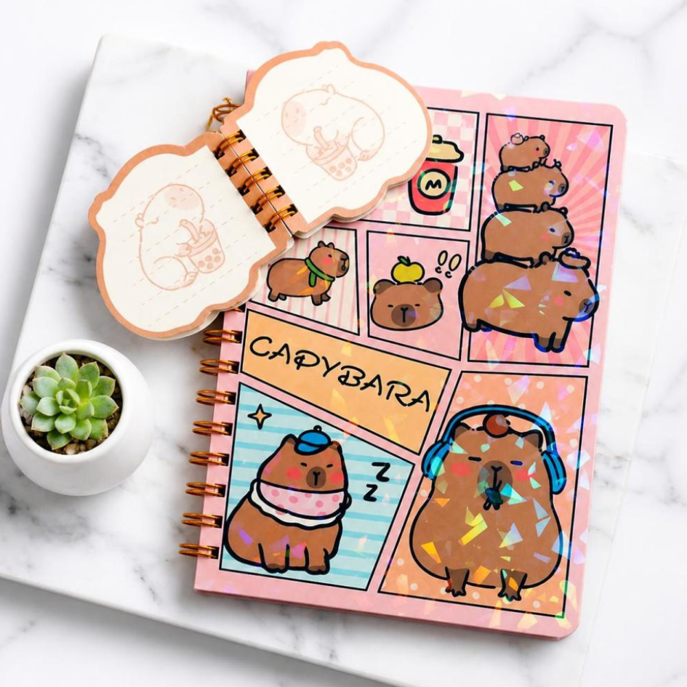 Capybara Spiral Diary with Mini Keychain NotebookDiaryCrafty CuddleNotebook with capybara illustrations on a marble surfaceCapybaraDiary KawaiiStationery CuteNotebook AestheticStationery SpiralDiary KidsStationery JournalLover StationeryAddict KawaiiNotebook CuteSchoolSupplies