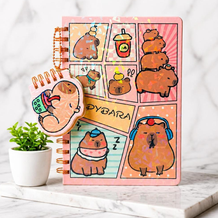 Capybara Spiral Diary with Mini Keychain NotebookDiaryCrafty CuddleNotebook with cartoon bear illustrations on a white marble surface with a plant.CapybaraDiary KawaiiStationery CuteNotebook AestheticStationery SpiralDiary KidsStationery JournalLover StationeryAddict KawaiiNotebook CuteSchoolSupplies
