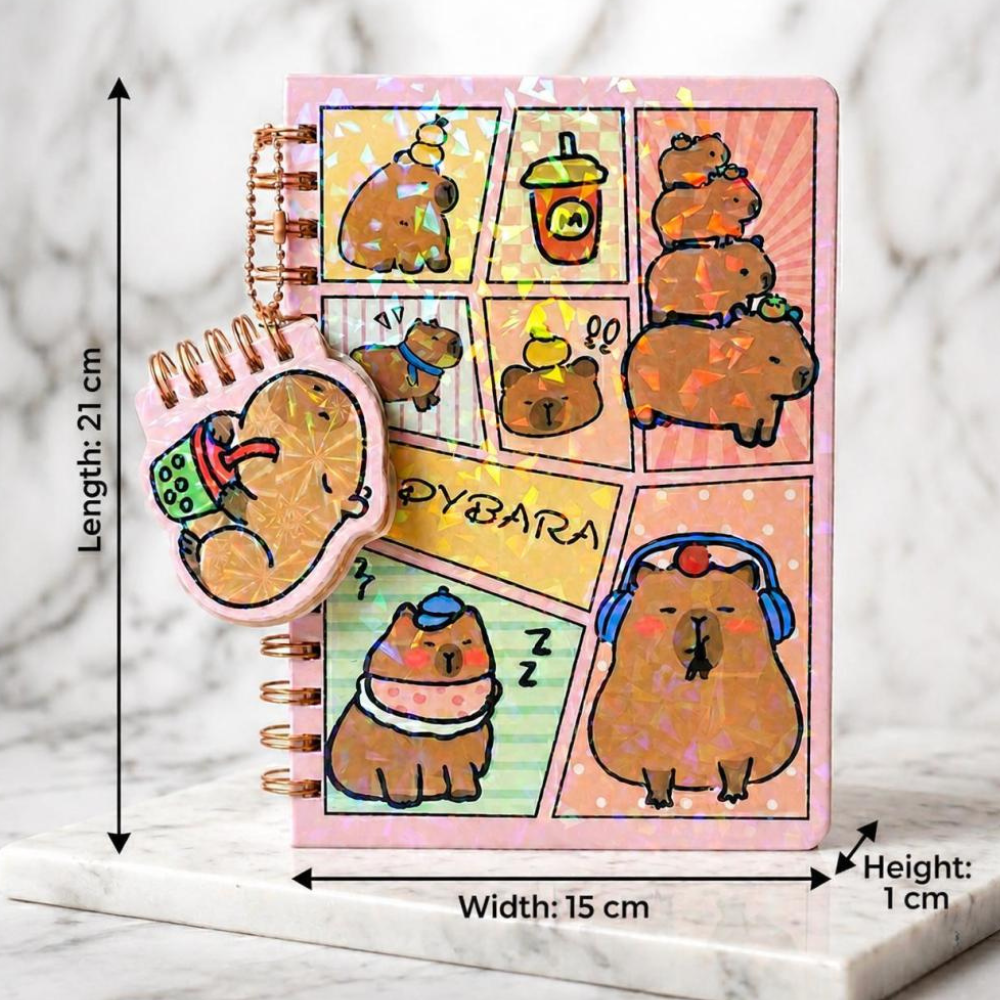 Capybara Spiral Diary with Mini Keychain NotebookDiaryCrafty CuddleNotebook with cartoon bear designs and measurements on a marble surfaceCapybaraDiary KawaiiStationery CuteNotebook AestheticStationery SpiralDiary KidsStationery JournalLover StationeryAddict KawaiiNotebook CuteSchoolSupplies