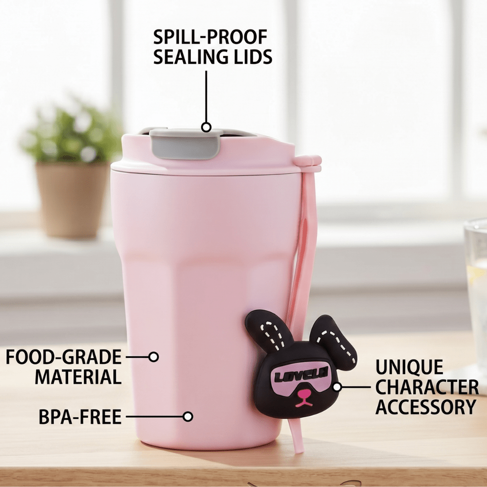 Cartoon Charm Insulated Coffee TumblerInsulated Coffee TumblerCrafty CuddlePink tumbler with a character accessory on a wooden surface, labeled for features.BlackCuteTumbler AestheticCups TrendyDrinkware PastelVibes KawaiiStyle ReusableCup HydrationGoals CuteAccessories GiftIdeas HomeEssentials