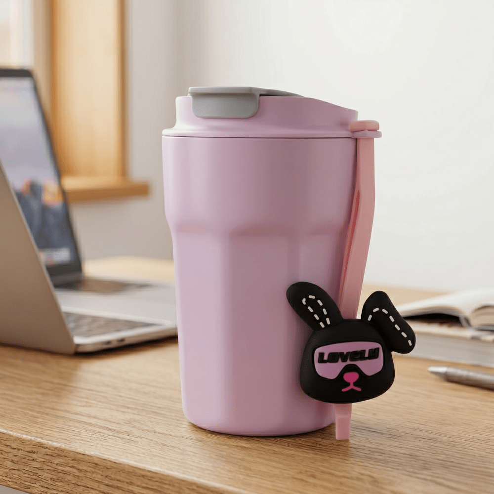 Cartoon Charm Insulated Coffee TumblerInsulated Coffee TumblerCrafty CuddlePink travel mug with a cartoon dog tag on a desk next to a laptopPinkCuteTumbler AestheticCups TrendyDrinkware PastelVibes KawaiiStyle ReusableCup HydrationGoals CuteAccessories GiftIdeas HomeEssentials