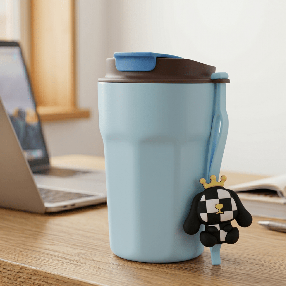Cartoon Charm Insulated Coffee TumblerInsulated Coffee TumblerCrafty CuddleLight blue travel mug with a cartoon dog charm on a desk next to a laptop.Sky BlueCuteTumbler AestheticCups TrendyDrinkware PastelVibes KawaiiStyle ReusableCup HydrationGoals CuteAccessories GiftIdeas HomeEssentials