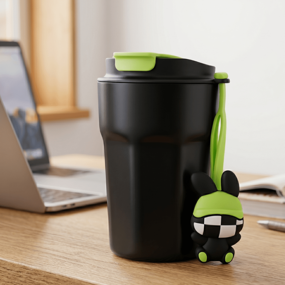 Cartoon Charm Insulated Coffee TumblerInsulated Coffee TumblerCrafty CuddleBlack travel mug with green accents on a desk next to a laptopBlackCuteTumbler AestheticCups TrendyDrinkware PastelVibes KawaiiStyle ReusableCup HydrationGoals CuteAccessories GiftIdeas HomeEssentials