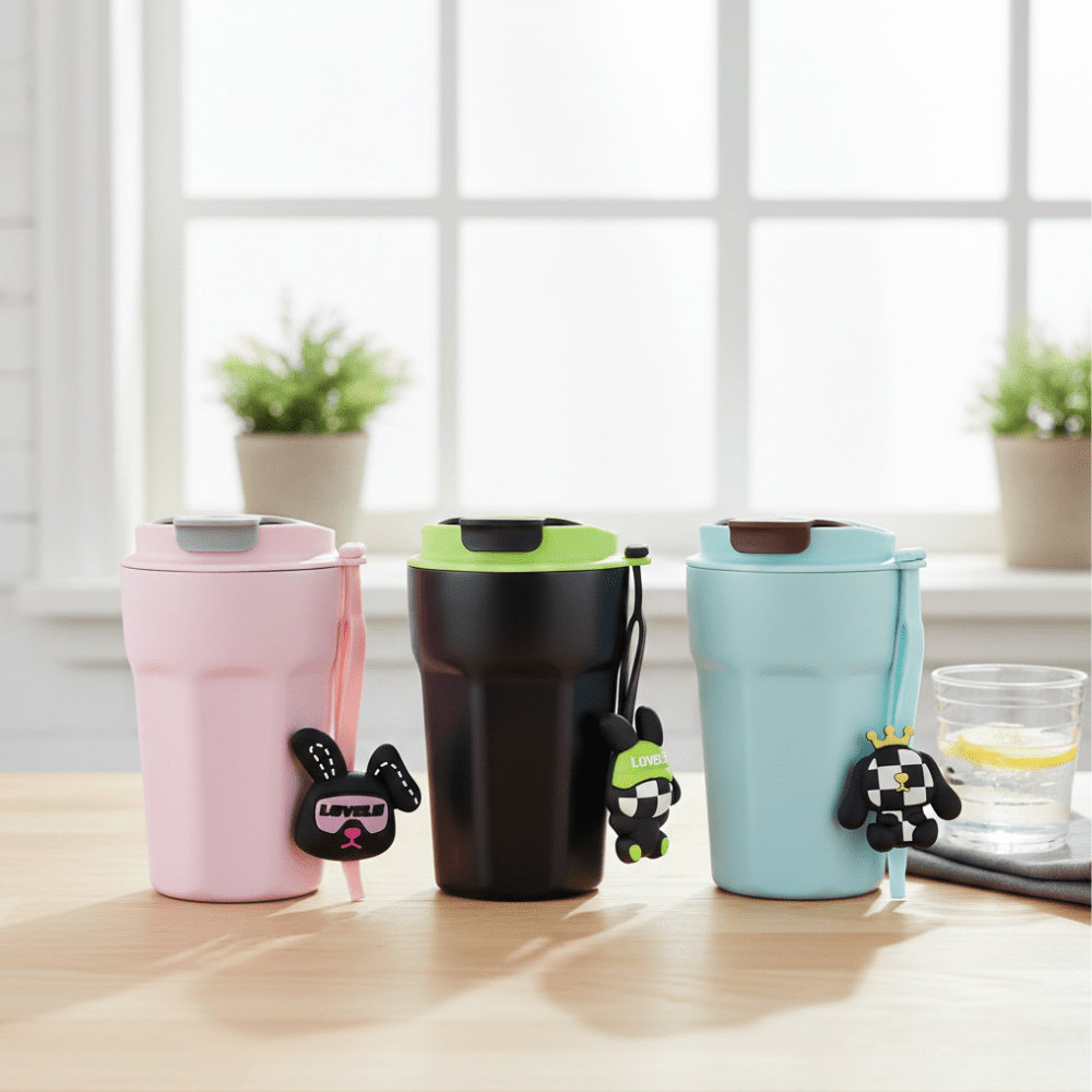 Cartoon Charm Insulated Coffee TumblerInsulated Coffee TumblerCRAFTY CUDDLEThree colorful tumblers with cartoon character attachments on a wooden surface.PinkCuteTumbler AestheticCups TrendyDrinkware PastelVibes KawaiiStyle ReusableCup HydrationGoals CuteAccessories GiftIdeas HomeEssentials