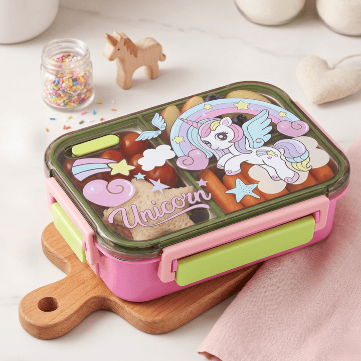 Cartoon Kids Bento Lunch BoxStainless Steel Lunch BoxCrafty CuddleColorful unicorn - themed lunch box on a wooden board with small decorative items in the background.UnicornKidsLunchBox LunchBox BentoBox SchoolLunch KidsLunch LunchBoxIdeas BackToSchool CuteLunchBox KidsEssentials LunchTime