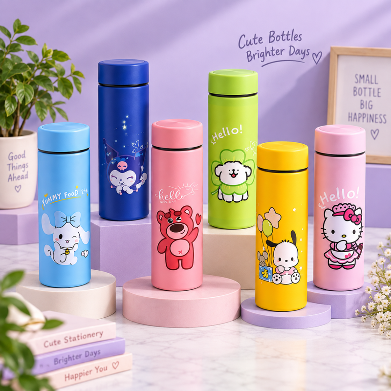 Cartoon Print Glass Water Bottle