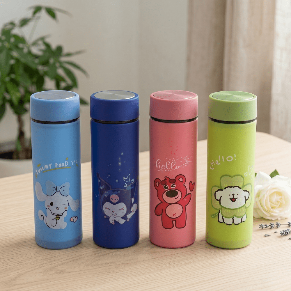 Cartoon Print Glass Water BottleCartoon Kids Water BottleCrafty CuddleFour colorful thermos bottles with cartoon designs on a wooden surface.PinkWaterBottle CuteBottle KidsBottle CartoonBottle GlassBottle SchoolEssentials BackToSchool KawaiiStyle HydrationGoals CuteAccessories