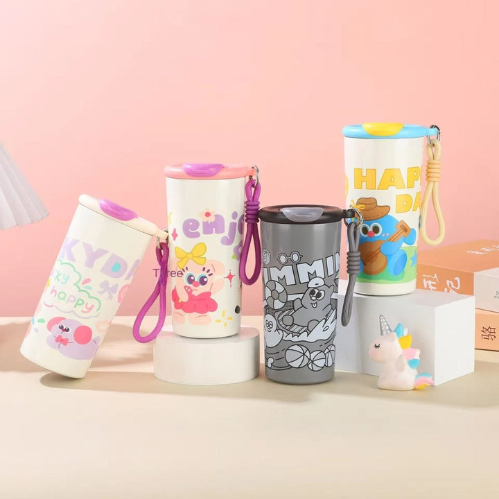 Cartoon Print Leakproof FlaskCartoon Kids Water BottleCrafty CuddleColorful water bottles with cartoon designs on a pink backgroundBlueKidsWaterBottle SchoolEssentials CartoonBottle StainlessSteelBottle LeakproofBottle KidsAccessories BackToSchool CuteStationery InsulatedBottle KidsHydration