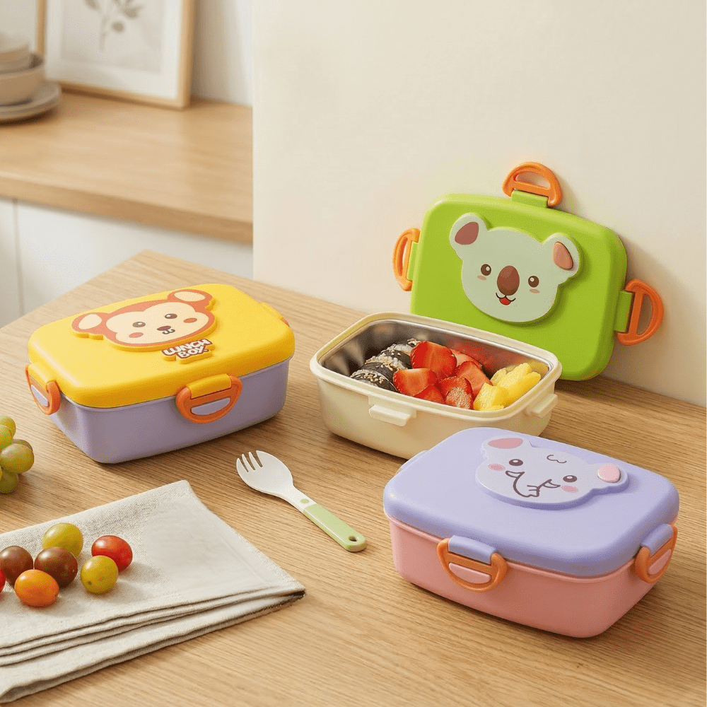 Cartoon Stainless Steel Lunch BoxStainless Steel Lunch BoxCrafty CuddleSet of colorful cartoon - themed lunch boxes on a wooden table with snacks.Yellowkidslunchbox schoollunchbox cartoonlunchbox kidslunch schoolessentials bentolunchbox kidsproducts lunchboxforkids backtoschool tiffinbox