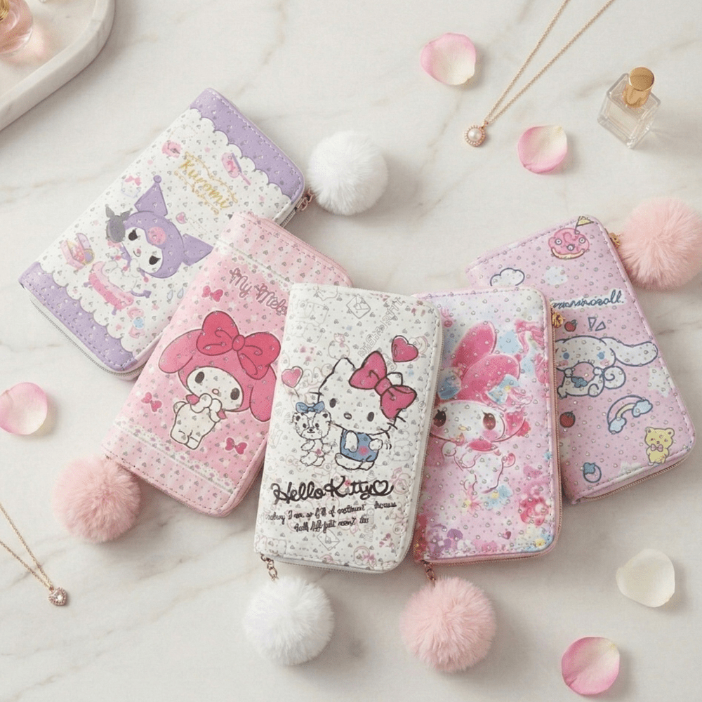 Cartoon Zipper Wallet with Pom PomPencil PouchCrafty CuddleCollection of colorful pouches with cartoon designs on a light surface.Kuromicutewallet kawaiiwallet girlswallet cartoonwallet cuteaccessories kawaiistyle girlsfashionaccessories trendingwallet giftforgirls cutekawaii