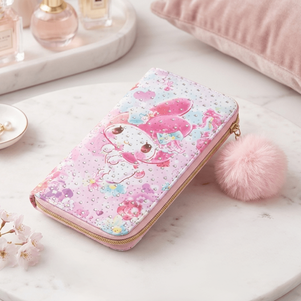 Cartoon Zipper Wallet with Pom PomPencil PouchCrafty CuddlePink wallet with cartoon character on a marble surfaceBunnycutewallet kawaiiwallet girlswallet cartoonwallet cuteaccessories kawaiistyle girlsfashionaccessories trendingwallet giftforgirls cutekawaii