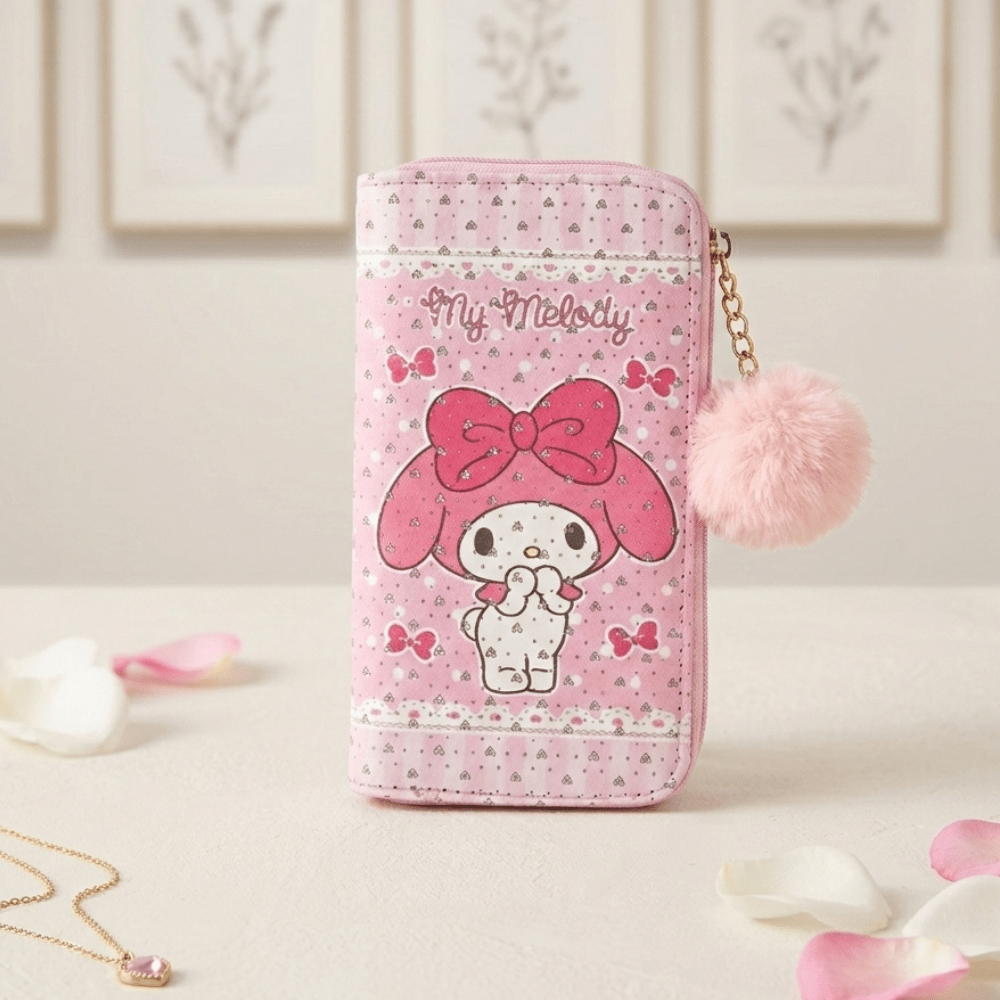 Pink wallet with cartoon character and 'My Melody' text on a light background