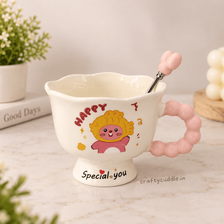 Ceramic Coffee Mug with Beaded Handle &amp; SpoonCeramic Coffee MugCrafty CuddleCeramic Coffee Mug with Beaded Handle &amp; SpoonPinkCeramicMug CuteMug CoffeeMug TeaCup CartoonMug CuteDrinkware CeramicCup GiftForKids CuteGifts KitchenEssentials
