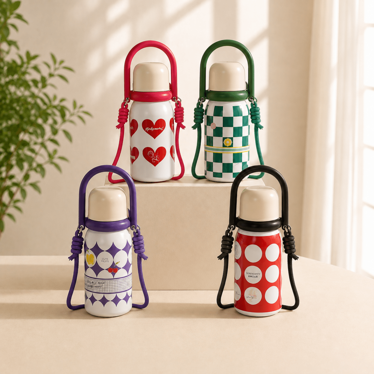 Children's Stainless Steel Water Bottle with Straw Lid,Insulated Water BottleCrafty CuddleFour insulated bottles with detachable shoulder straps arranged on a beige tabletop and riser. The bottles are white with colorful patterns: red hearts, green-and-white check, purple geometric, and red-and-white polka dots.PinkCute Water BottleStainless Steel Water Bottle
