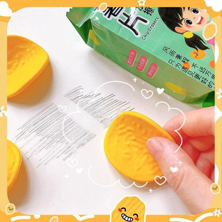 Chips eraser being held over a printed document with a green packaging in the background.