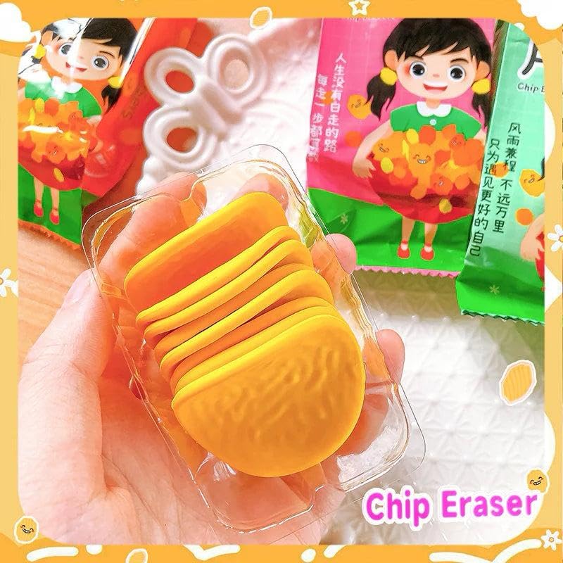 Yellow erasers in a clear plastic packaging held by a hand, with colorful packaging in the background.