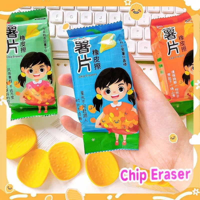 Three packages of 'Chip Eraser' with a hand holding one, set against a keyboard background.