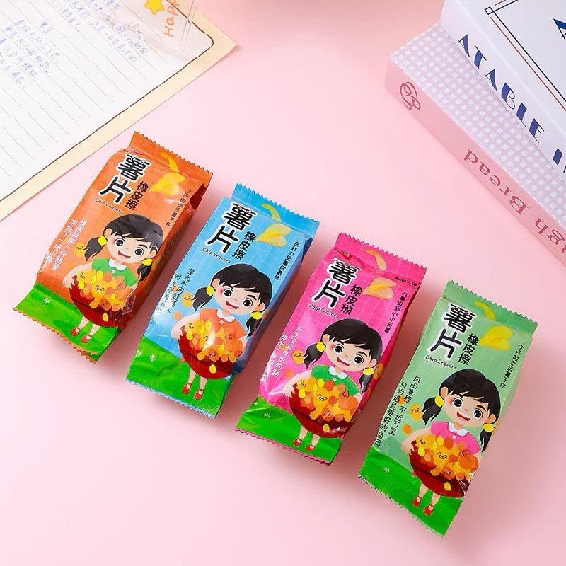 Four colorful packages with cartoon character on a pink background