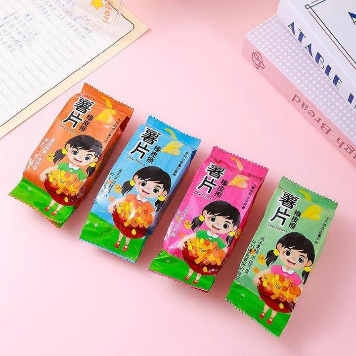 Four colorful packages with cartoon character on a pink background