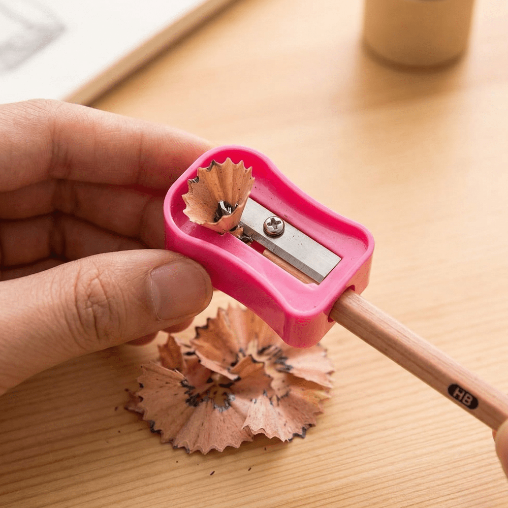Color Pop Mini SharpenerCrafty CuddlePink pencil sharpener being used on a wooden surface1