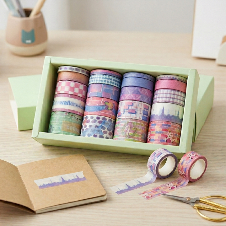Color Wall Tile Washi Tape Set – 20 RollsDecorative Washi TapeCrafty CuddleSet of colorful washi tape rolls in a green box on a wooden surface with a notebook and scissors.