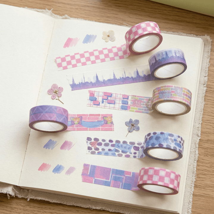 Color Wall Tile Washi Tape Set – 20 RollsDecorative Washi TapeCrafty CuddleColorful washi tape rolls on an open notebook with various patterns.