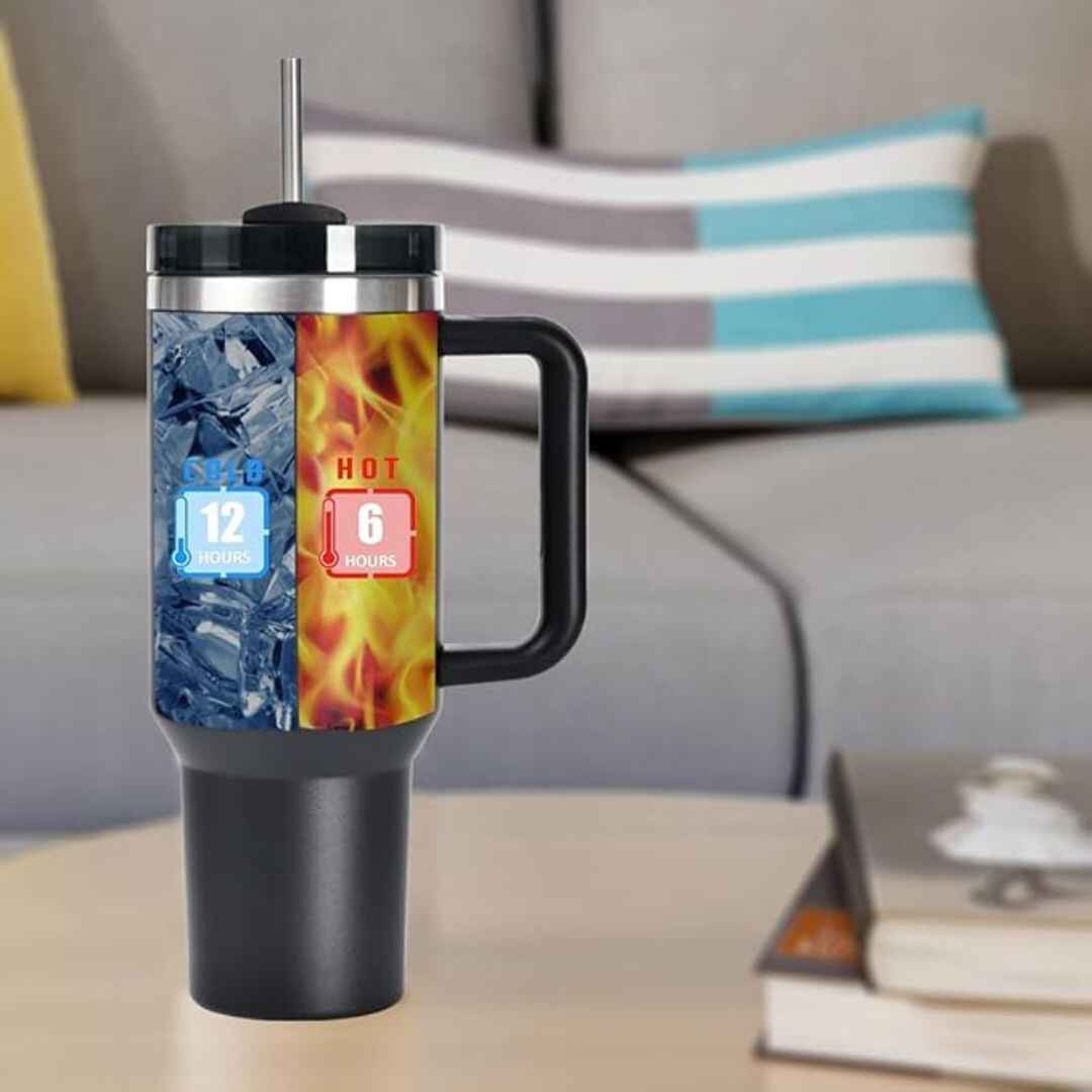 Eco-friendly bamboo-pattern stainless steel Stanley tumbler with spill-proof slider lid and reusable straw.