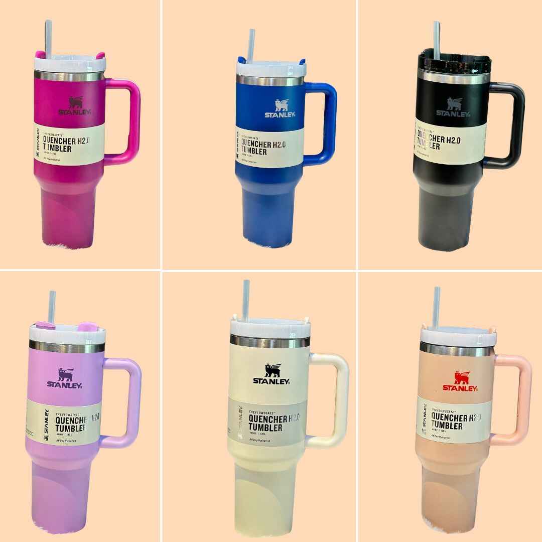 Brushed steel 30 oz insulated Stanley tumbler featuring a straw, handle, and sweat-proof design.