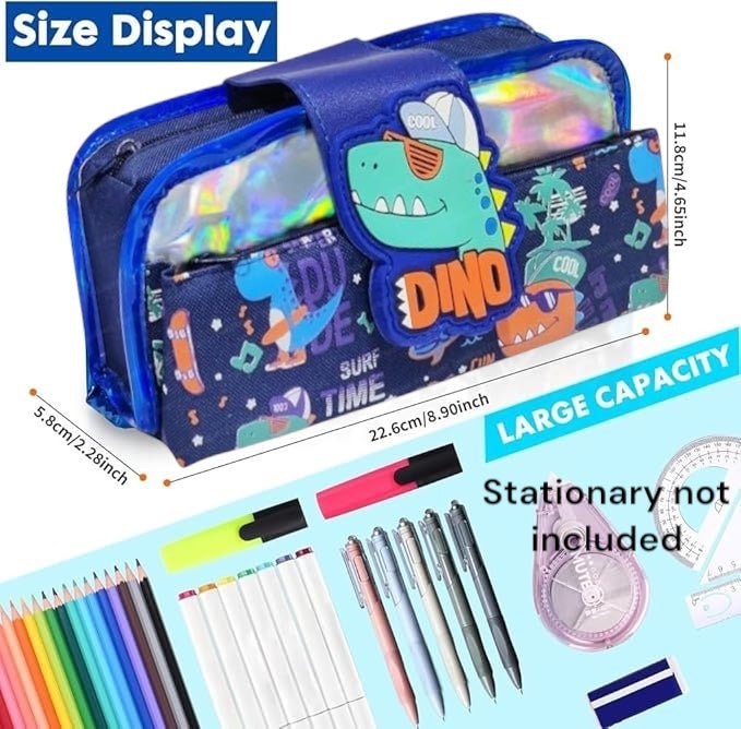 Crafty Cuddle Dino Theme Pencil Pouch – Large capacity kids' stationery case with fun dinosaur design and size dimensions displayed