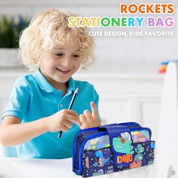 Rocket-shaped dinosaur pencil pouch for kids – cute and colorful design