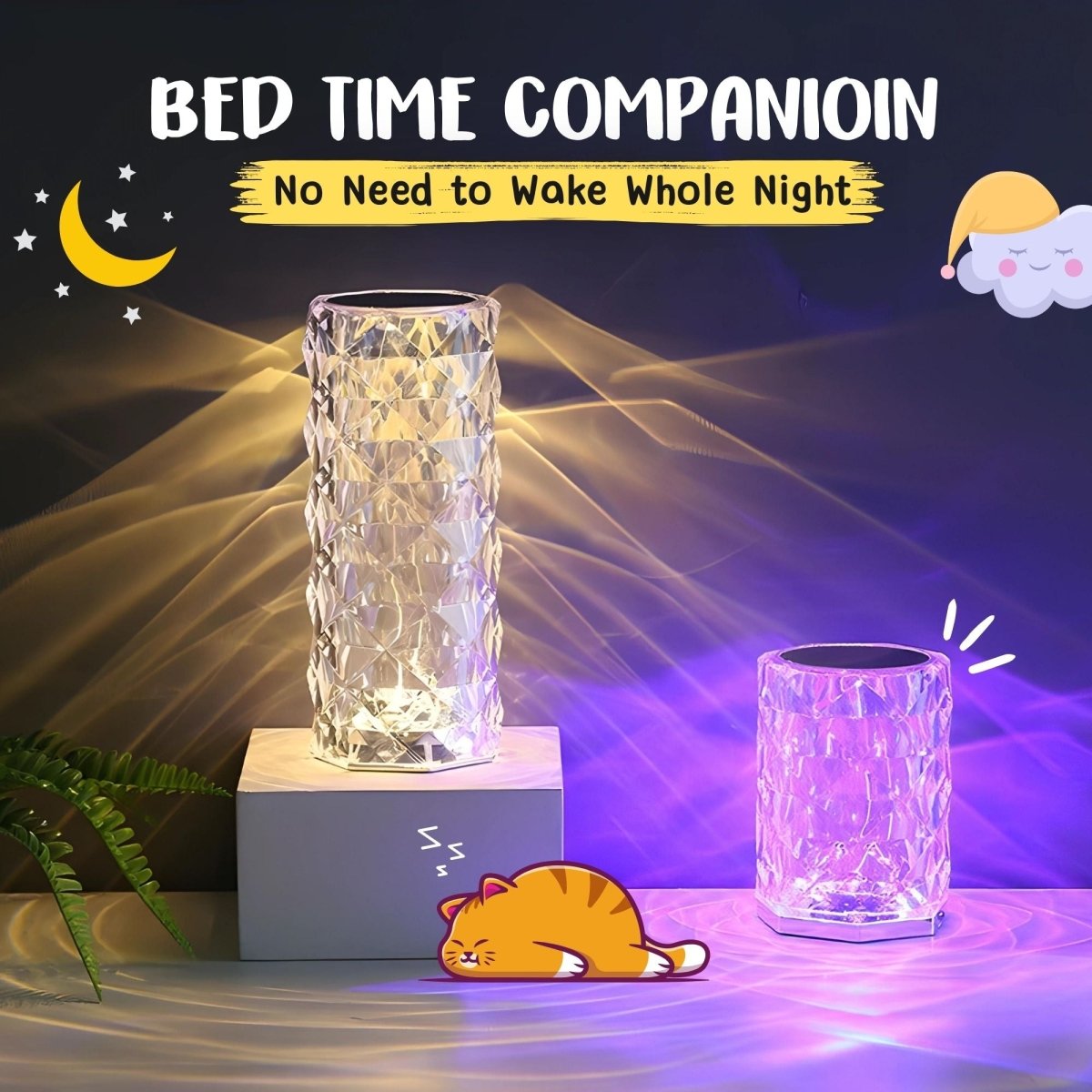 Two crystal-like lamps emitting light with a cartoon cat and text about being a 'Bed Time Companion'.