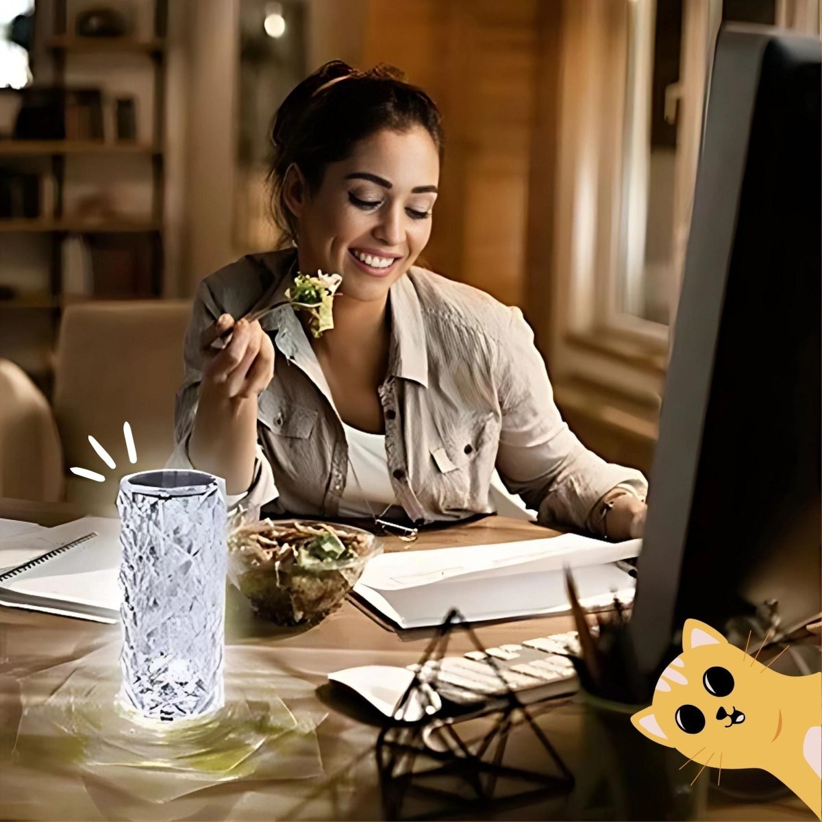 Woman eating salad at a desk with a computer and water glass.
