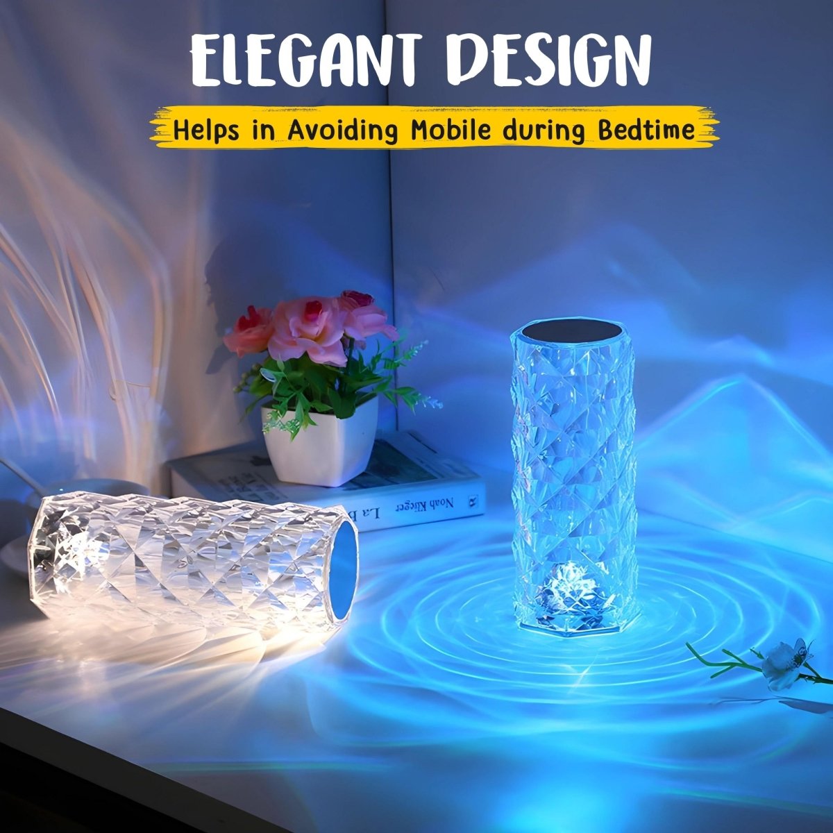 Decorative night lights on a bedside table with text about their benefits.