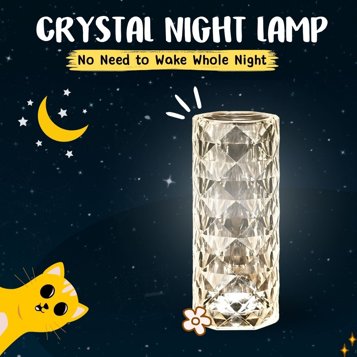 Crystal night lamp with a cartoon cat and decorative elements on a dark background