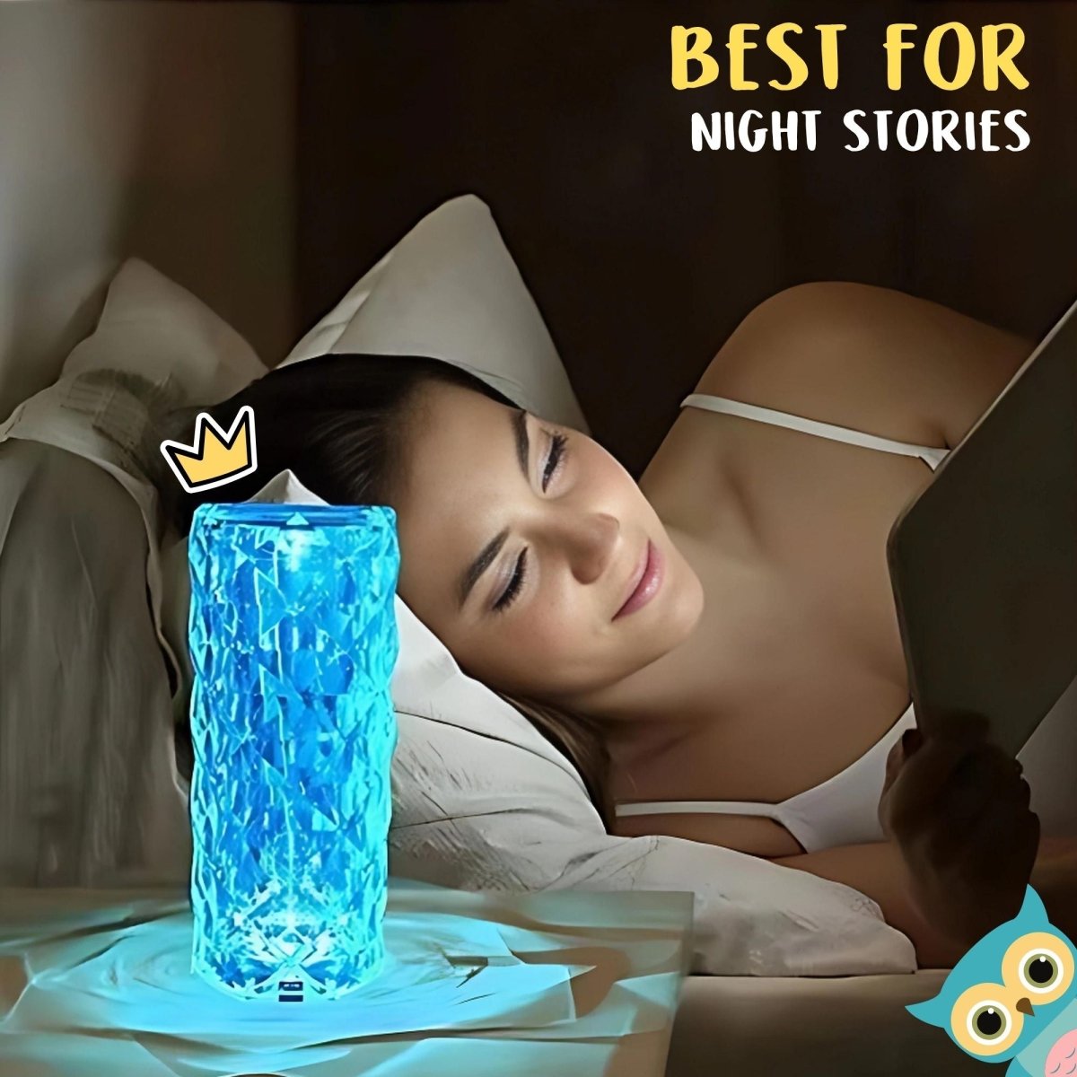 Woman lying in bed with a glowing blue night light and tablet, text 'Best for Night Stories'.