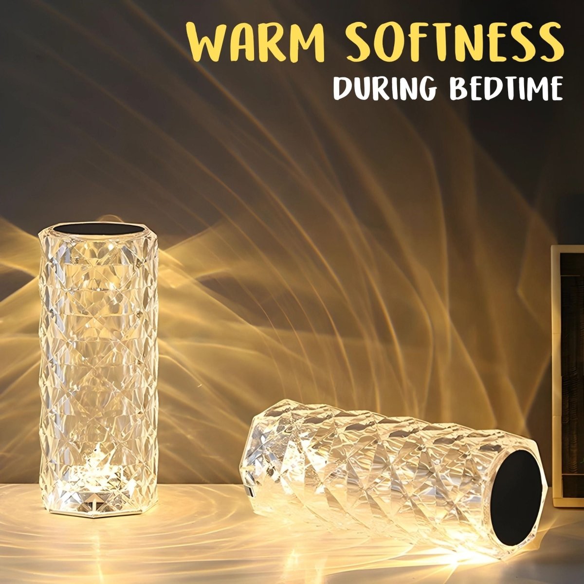 Decorative crystal vases with warm glow on a dark background