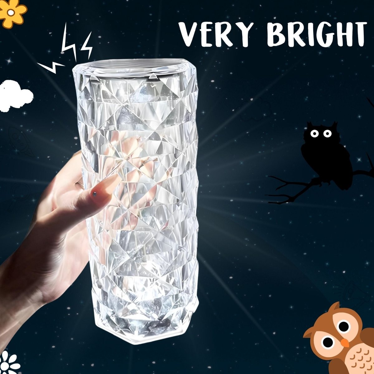 Hand holding a crystal-like object with 'VERY BRIGHT' text and cartoon characters on a dark background