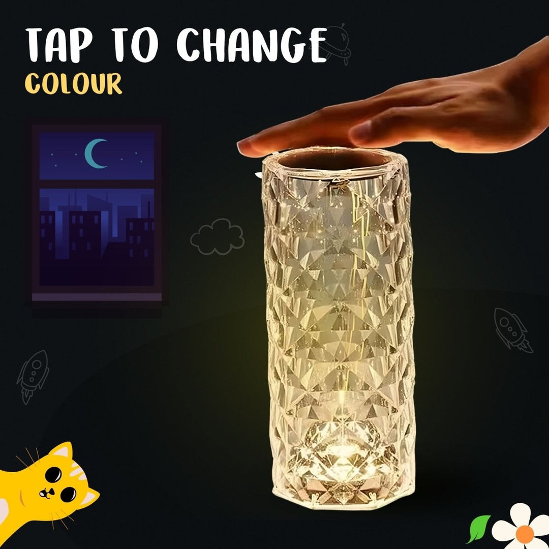 Light-up cylindrical container with hand interacting, surrounded by cartoon elements on a dark background.