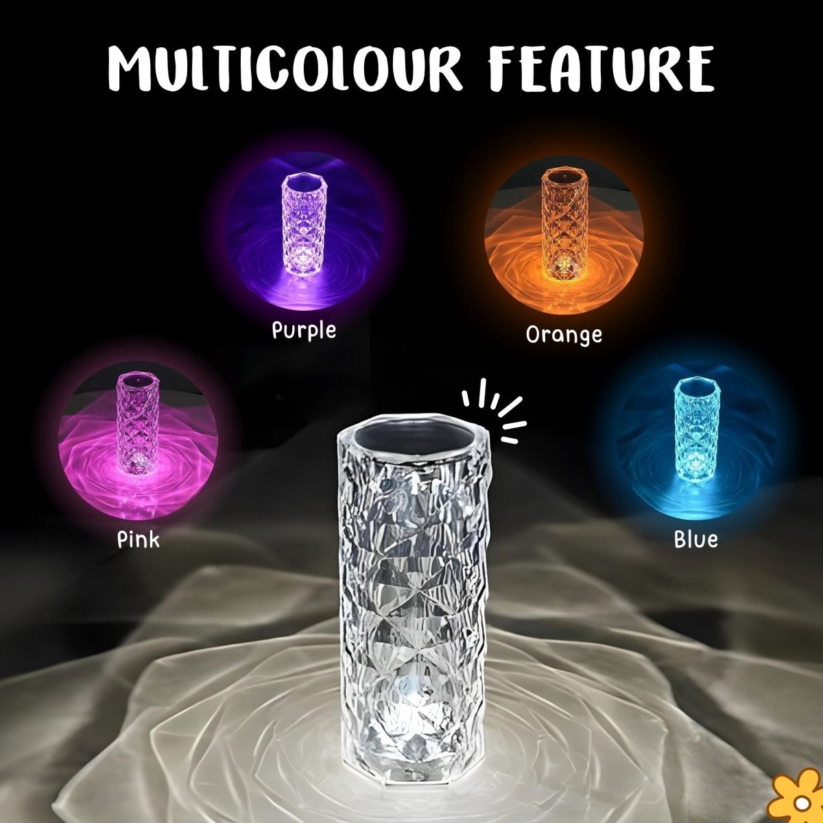 Crystal vase with multicolor feature displaying purple, orange, pink, and blue lights on a dark background.