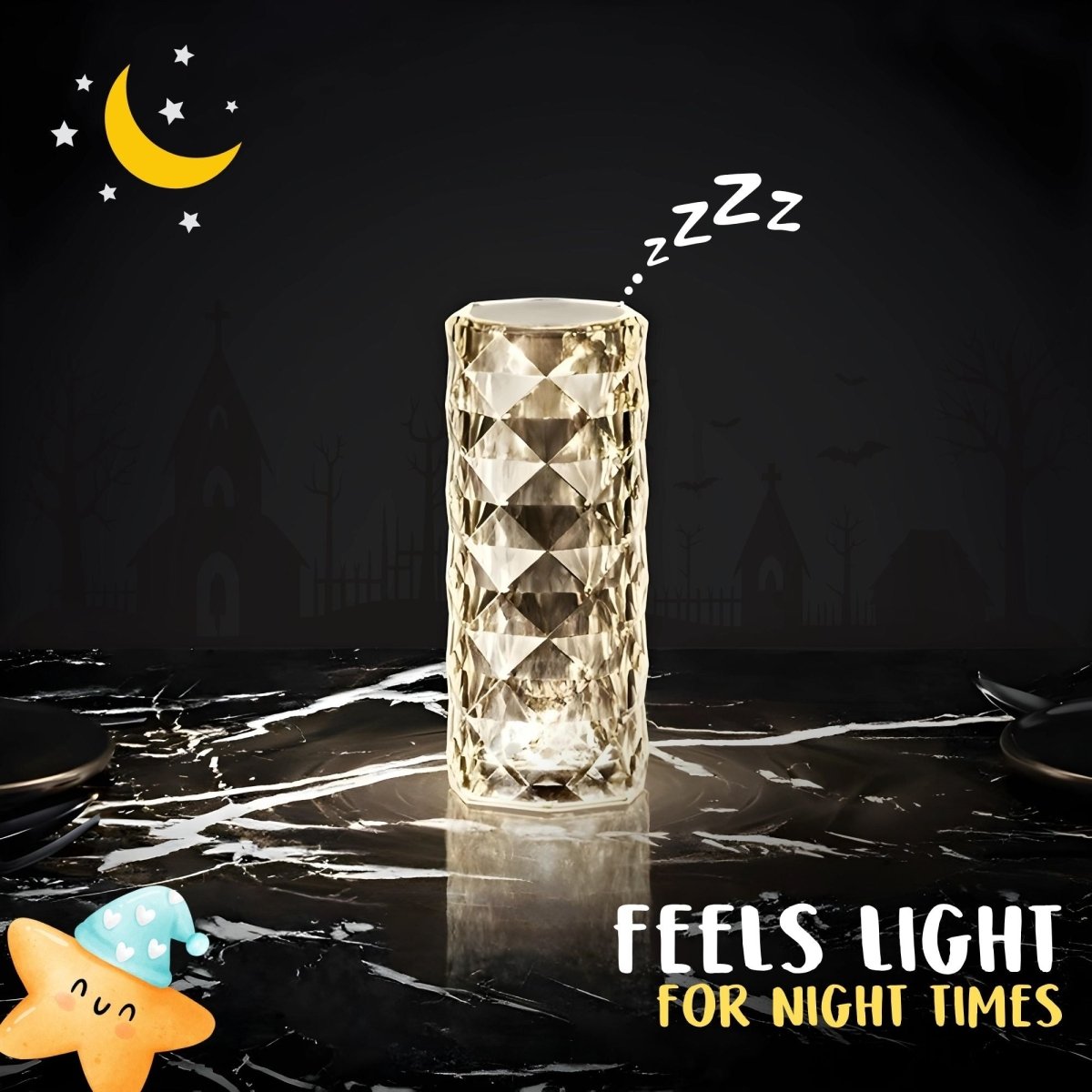 Decorative lamp with diamond pattern on a dark surface, surrounded by night-themed illustrations.